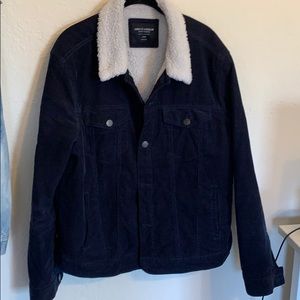 Sunrise Kingdom Sherpa lined blue corduroy jacket.